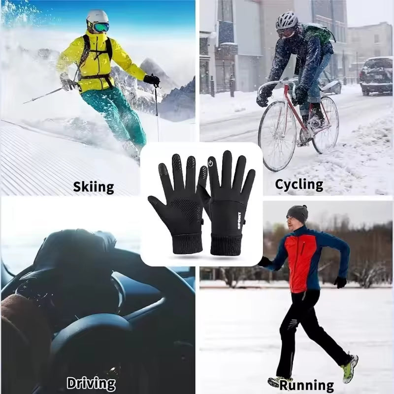 Black Winter Warm Full Fingers Waterproof Cycling Outdoor Sports Running Motorcycle Ski Touch Screen Fleece Gloves